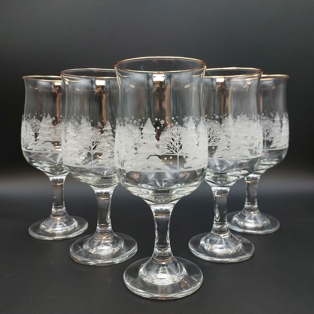 Vtg Libbey Winter Wonderland Arby's Goblets Wine Glasses Frosted Tree Gold Rim 5